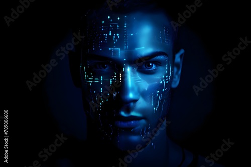 Hacked Identity, Human face being scanned by digital code - Cyber Crime