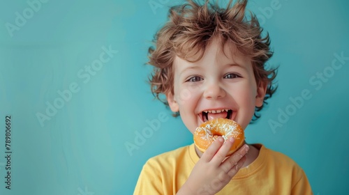 The image shows a happy boy eating a donut.