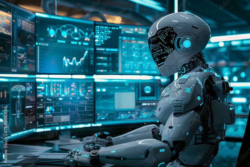 AI job replacement. Artificial intelligence robot Android that operates multiple computers and screens. Futuristic science fiction environment, future factory.