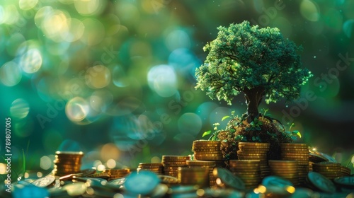 The image shows a tree growing out of a pile of gold coins, with a green background. photo