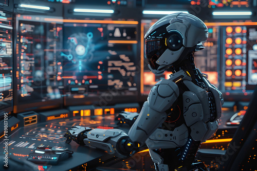 AI job replacement. Artificial intelligence robot Android that operates multiple computers and screens. Futuristic science fiction environment, future factory. © martesign