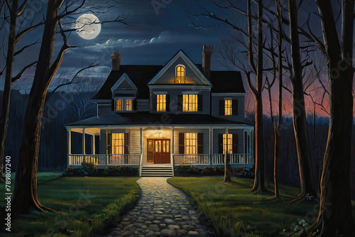 Capture the enchantment of a house in the woods under a full moon, with a pathway leading to the entrance.