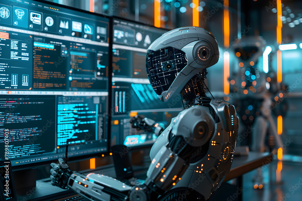 AI job replacement. Artificial intelligence robot Android that operates multiple computers and screens. Futuristic science fiction environment, future factory. AI job replacement. Artificial intelligence robot Android that operates multiple computers and screens. Futuristic science fiction environment, future factory.