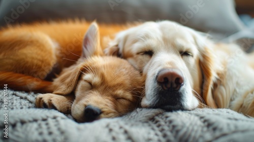 Two cute golden retriever dogs sleeping on a blanket