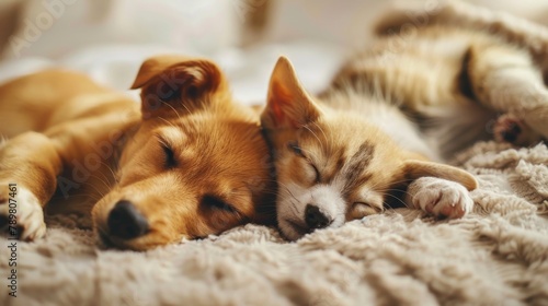 Two cute puppies sleeping soundly next to each other photo