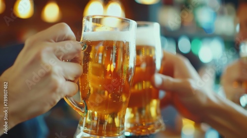 Two friends are toasting their beer mugs together at a bar. photo