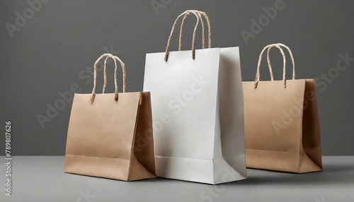 Shopping bag mockups. Paper package isolated on white background. Realistic mockup of craft paper bags