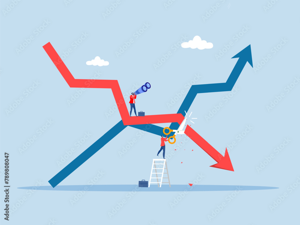 Cut loss concept.businessman is stopping loss with the scissors losses for profit.slowing or worse as inflation rises. stock market slump. World economy recession.vector Cut loss concept.businessman is stopping loss with the scissors losses for profit.slowing or worse as inflation rises. stock market slump. World economy recession.vector