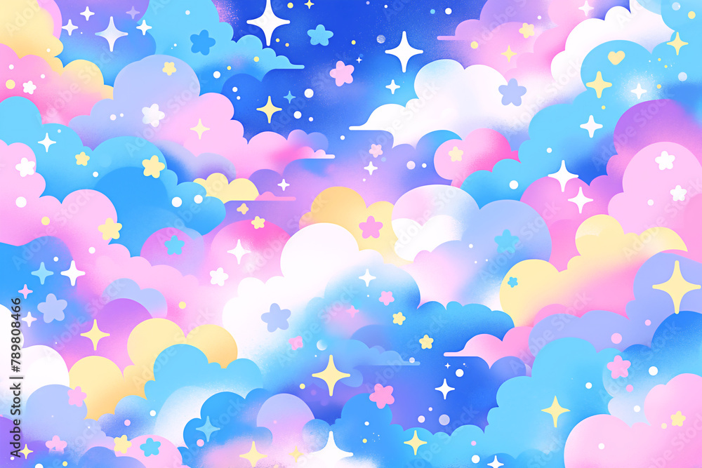 キラキラ光るふわふわの雲と空のファンシーな背景 キラキラ光るふわふわの雲と空のファンシーな背景