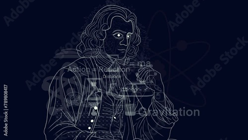 History of science, concept, Isaac Newton and physics, Cartoon character of Sir Isaac Newton, equal to mass time acceleration. Physics education concept