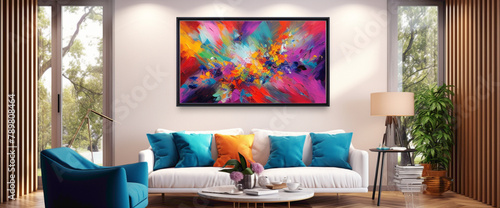 Immerse yourself in a room featuring a vibrant illustration within a blank white frame, surrounded by bursts of vibrant color splashes. photo