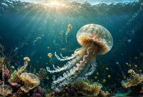 Sunlit Ballet  Jellyfish Dance in Ocean Background