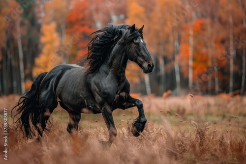 black horse run on orange forest on autumn 