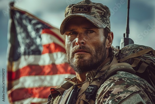 A soldier with a beard and a camouflage cap stands in front of an American flag.