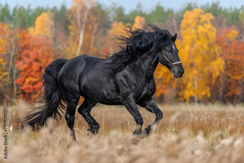black horse run on orange forest on autumn 