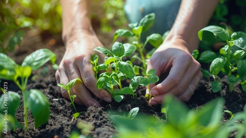 Gardener's Hands Planting Basil Seedlings in Soil