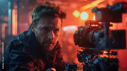 Portrait of a male camera operator looking through the viewfinder of a professional video camera in a dimly lit room with red lighting.