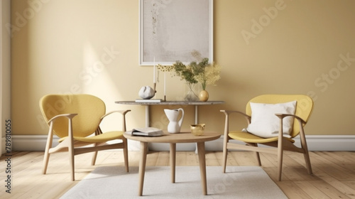 Find serenity in a sunny Scandinavian-inspired space with two chrs, a central table, and an empty canvas agnst a backdrop of soft yellow. 