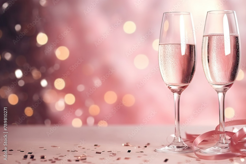 Two glasses of sparkling champagne on a pink background. Cozy, relaxed magical atmosphere. Cozy holiday concept. Beautiful background with shimmering wine. copy space Two glasses of sparkling champagne on a pink background. Cozy, relaxed magical atmosphere. Cozy holiday concept. Beautiful background with shimmering wine. copy space