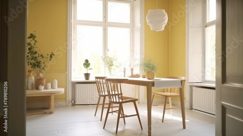 Find serenity in a sunny Scandinavian-inspired space with two chrs  a central table  and an empty canvas agnst a backdrop of soft yellow.