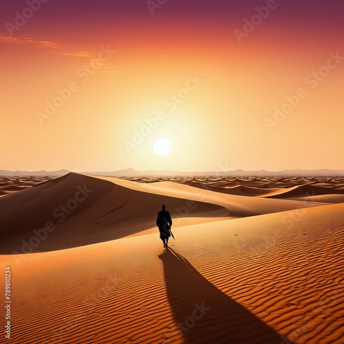 At the edge of an endless expanse of desert, a lone figure stands atop a windswept dune, silhouetted against the fiery hues of a setting sun, embodying the spirit of adventure and resilience in the ar