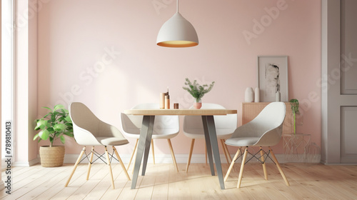 Find serenity in a Scandinavian-inspired space featuring two chrs in soft pastel tones, a central table, and an empty canvas agnst a backdrop of pure pink, white, or yellow.  © M-T