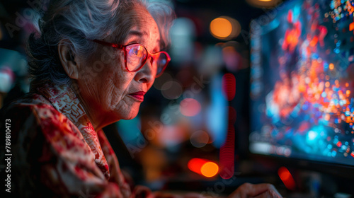 ゲーミングパソコンで遊ぶおばあさん photo