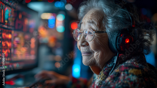 ゲーミングパソコンで遊ぶおばあさん photo