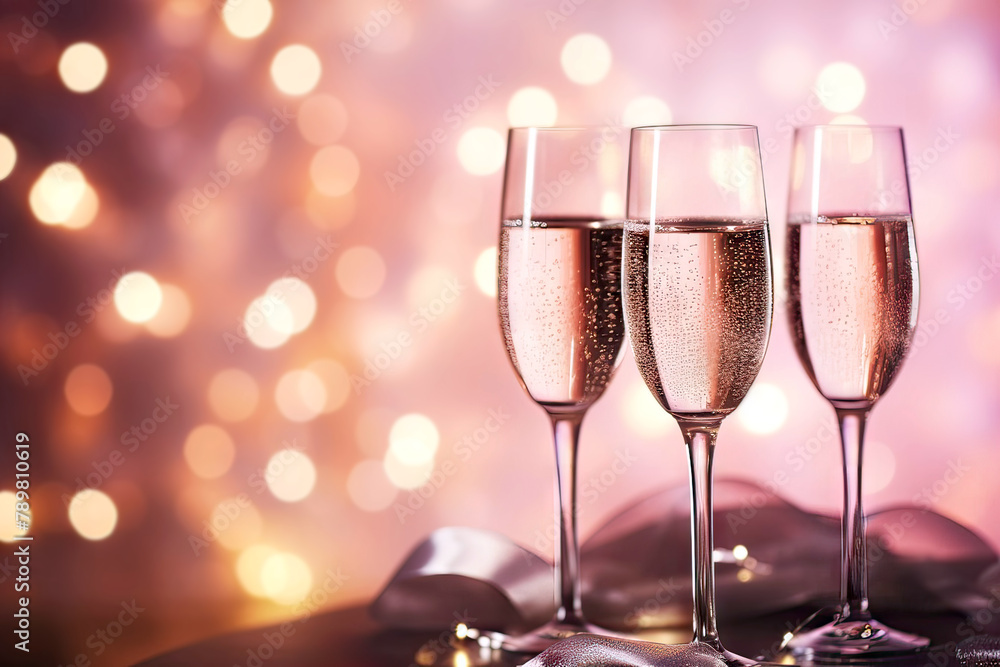 Three glasses of champagne with golden bokeh on a pink background. copy space Three glasses of champagne with golden bokeh on a pink background. copy space
