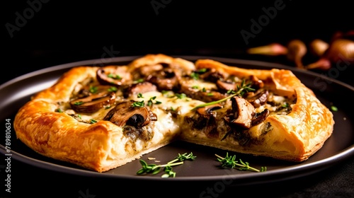 Pizza with mushrooms and cheese on a black plate