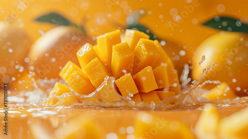 A scene photography of a mango, with a bright background. Some mangoes are cut open, while others are peeled open. It has a strong appetite, is moist and glossy. photo