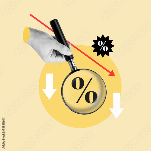 Magnifying glass focus, cost reduction, arrows, decreasing, percentage, interest rates, financial, decrease, profits decrease, investment, Lower, Reduction, Salaries, Finance, Growth, Sales, Percent 
