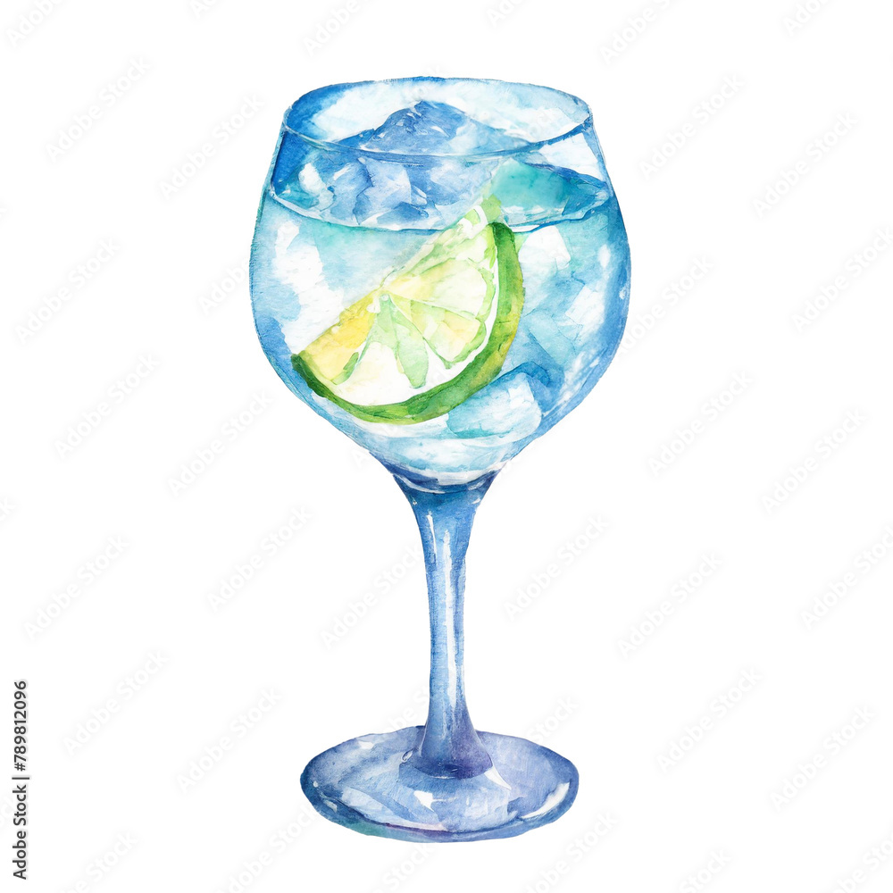 Glass of gin tonic, watercolor illustration, transparent background Glass of gin tonic, watercolor illustration, transparent background