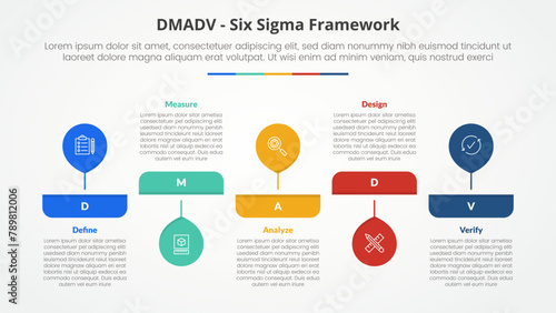 DMADV six sigma framework methodology concept for slide presentation with big balloon horizontal up and down with 5 point list with flat style