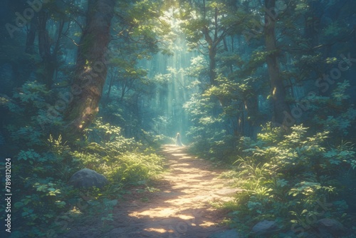 A forest path leading towards the light  surrounded by tall trees with sunlight filtering through and creating an enchanting atmosphere with rays of golden sunbeams.