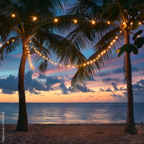 Tranquil beach moment, string of lights between palms, serene dusk , advertise photo © ontsunan