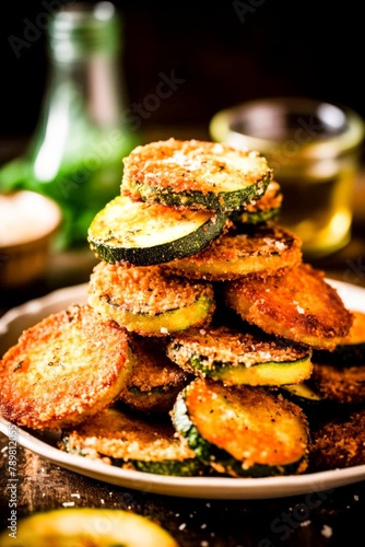 Plate of fried zucchini on white table with other dishes