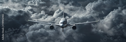 Passenger airplane departs from the dark storm clouds in bad weather on landing in the air.