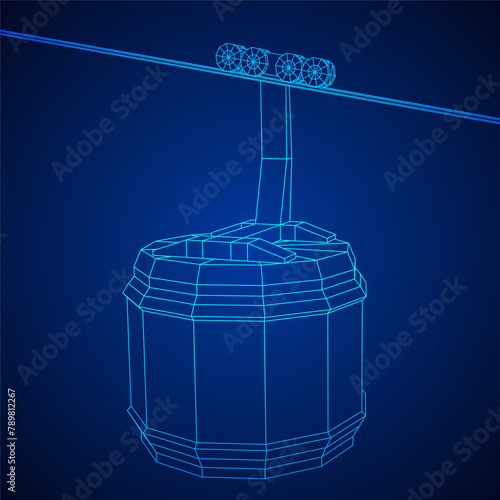 Cable car cabin gondola. Funicular simple cableway concept. Wireframe low poly mesh vector illustration