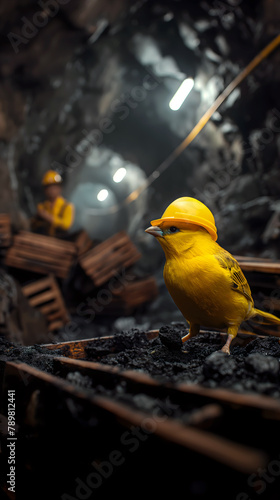 Cute canary wearing miner helmet in a coal mine, with worker in the background