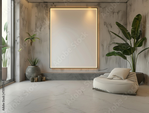 Empty frame presentation, zeninspired living space, ambient lighting, peaceful vibe , clean sharp focus photo