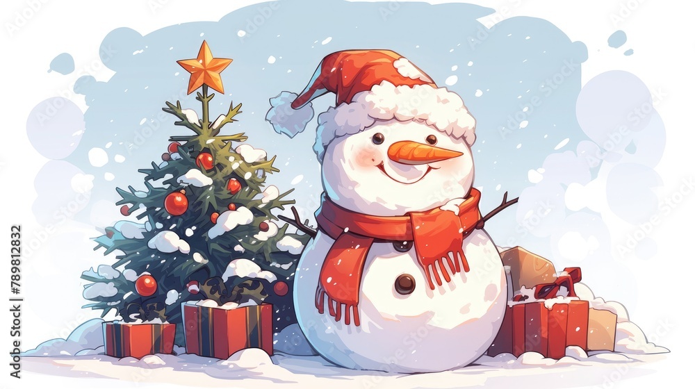 2d illustration of a snowman and tree doodle isolated 2d illustration of a snowman and tree doodle isolated