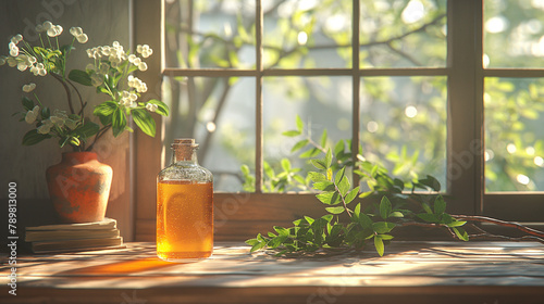 a bottle of yellowish , flowing liquid, glass bottle, placed on the table, jasmine in the vase, juniper berries and cadar branch on the table, sunlight, photo