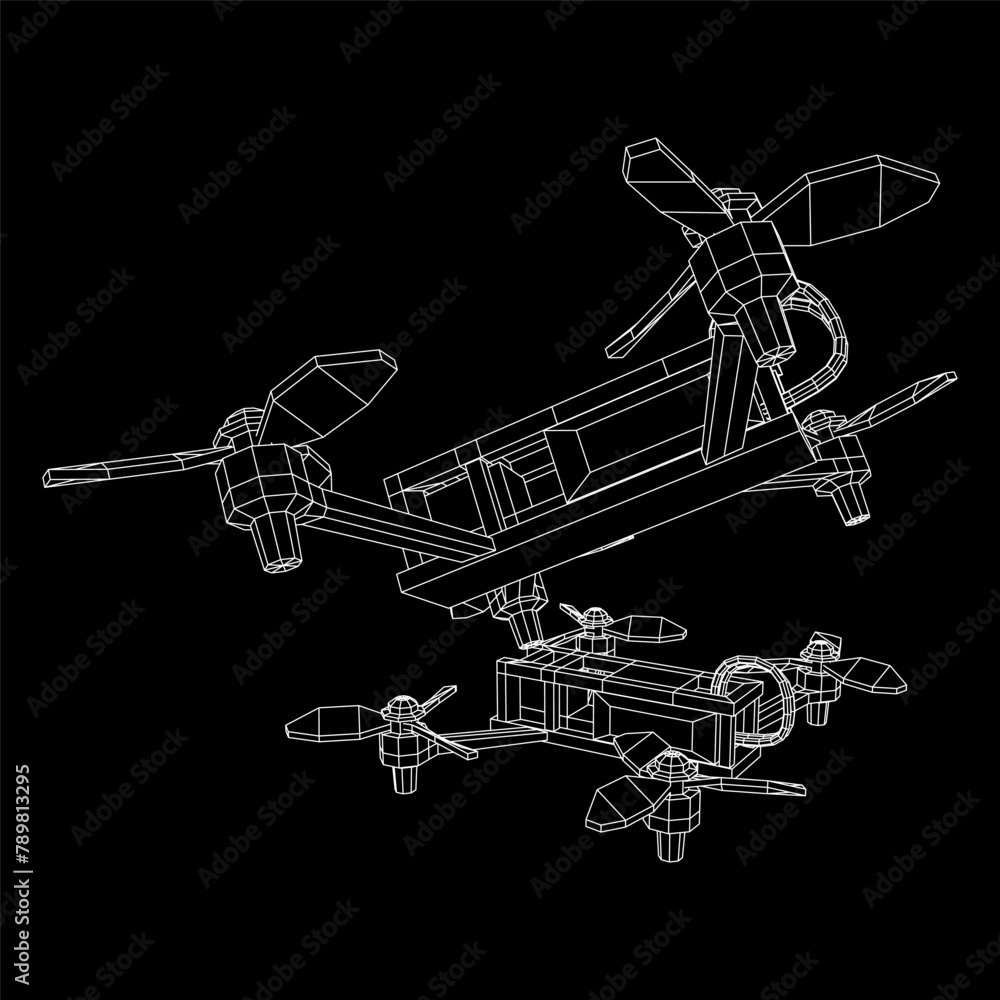 FPV Drone Racing freestyle sport flight. Hobby toys. Wireframe low poly mesh vector illustration. FPV Drone Racing freestyle sport flight. Hobby toys. Wireframe low poly mesh vector illustration.