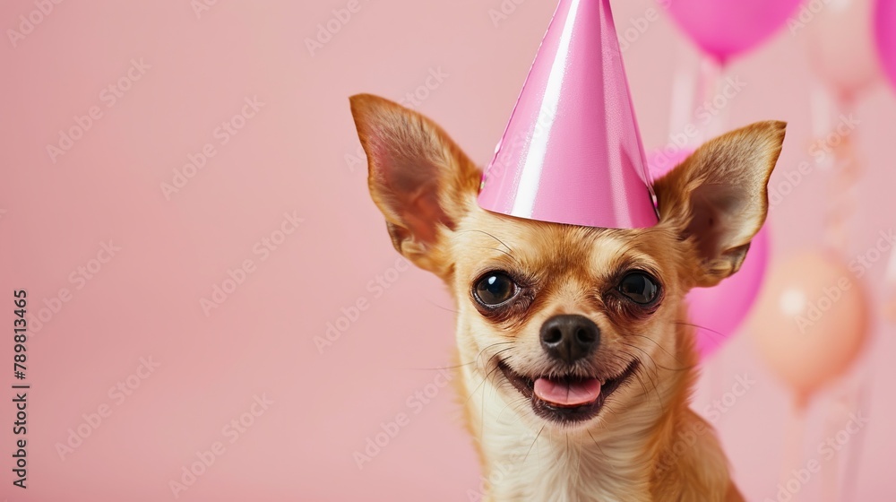 Cute chihuahua wearing a pink birthday hat on a festive background - birthday celebration concept