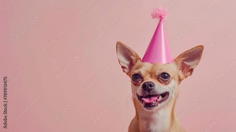 Cute chihuahua wearing a pink birthday hat on a festive background - birthday celebration concept