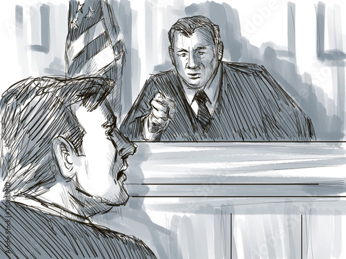 Pastel pencil pen and ink sketch illustration of a courtroom trial setting with judge reprimanding defendant or plaintiff, witness in contempt of court in judiciary court of law and justice. (ID: 789813802)