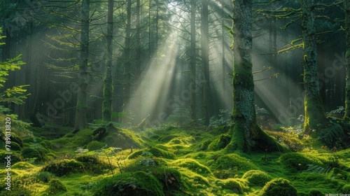 A forest with sunlight shining through the trees