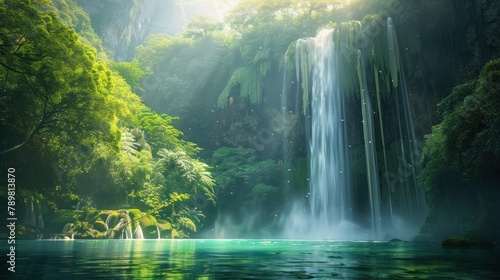 A waterfall is surrounded by lush green trees and a calm blue lake