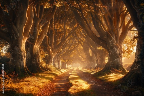 A path through a forest with trees that are yellow and brown. The path is lined with trees and the sun is shining through the leaves photo